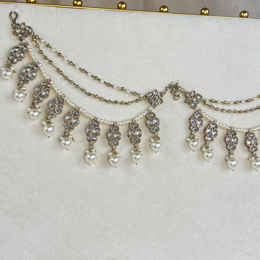 Layered Pearl Polki Bridal Attachable Ear Chains | Sahare | Earring Support