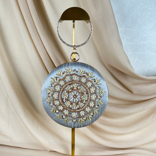Round Embrodiered Clutch with Bangle handle