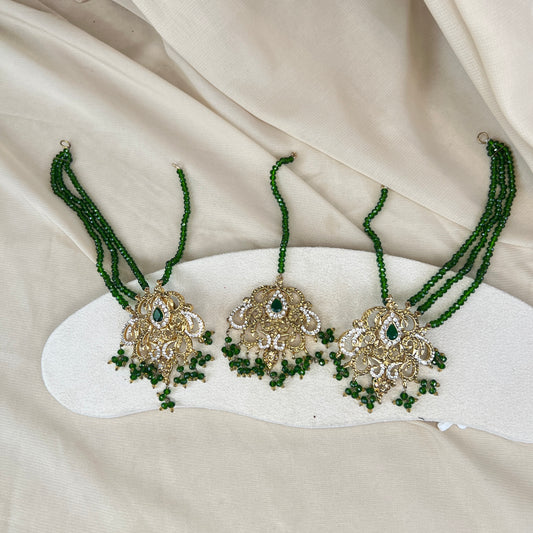 Pakistani Green & Gold Earring/Tikka set with earchain