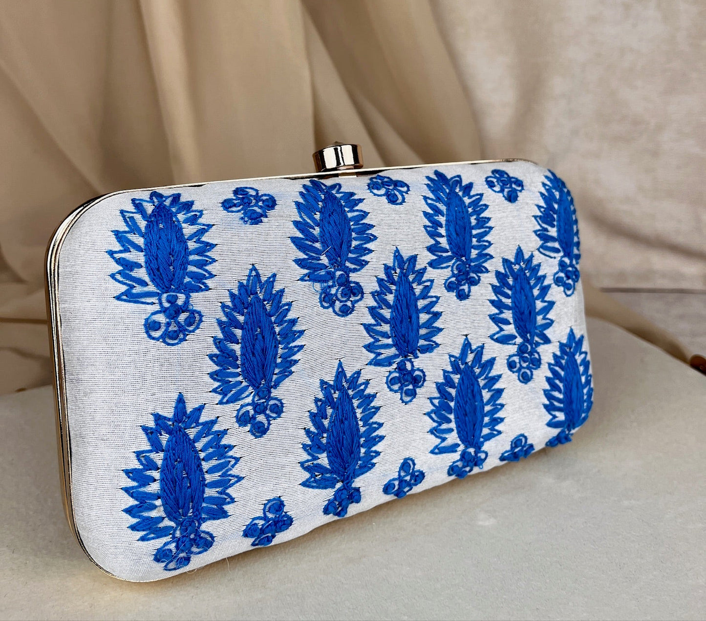 White & Blue Embroidered Clutch