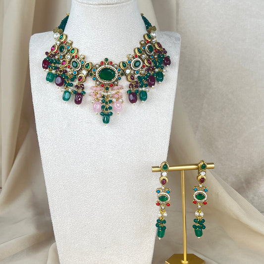 Victorian Kundan Multicolor Necklace Set w/Earrings