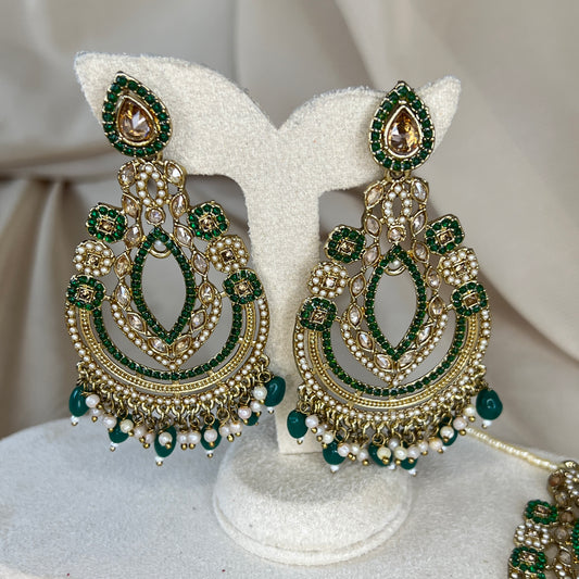 Green Oversized Earring and Tikka Set