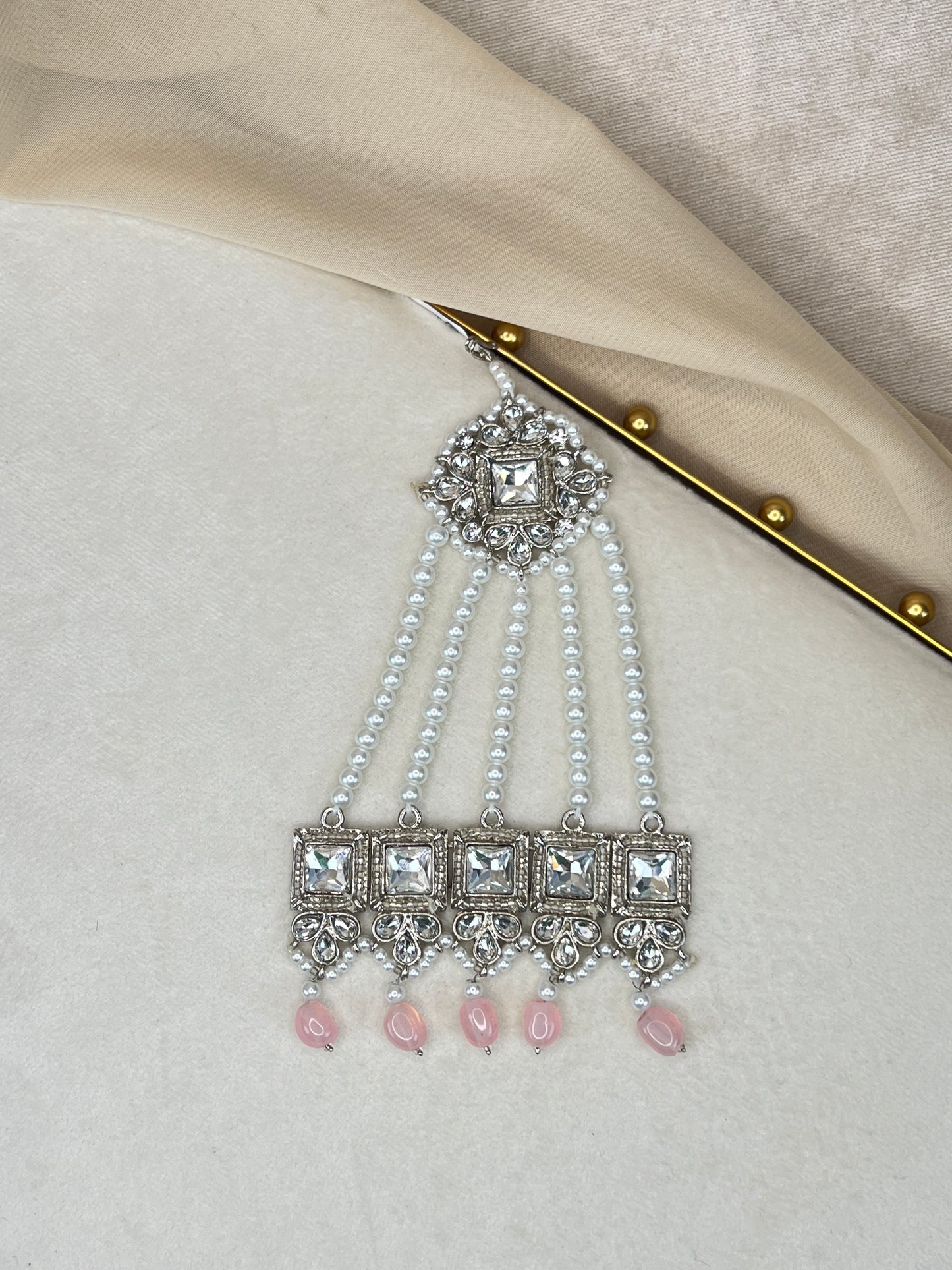 Silver Pink Side Tikka Headpiece | Jhoomar | Japta | Passa