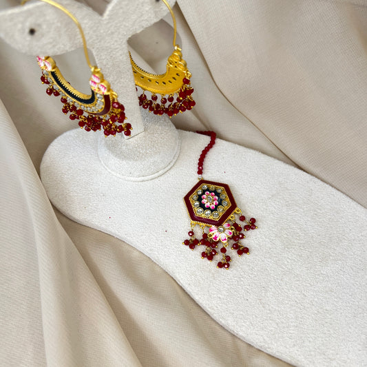 Meena Kari Hoop Earring and Tikka Set