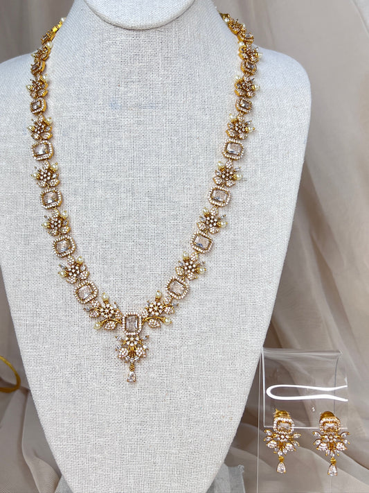 Long Dainty Moissanite American Diamond Gold Necklace | Haar | Mala Set