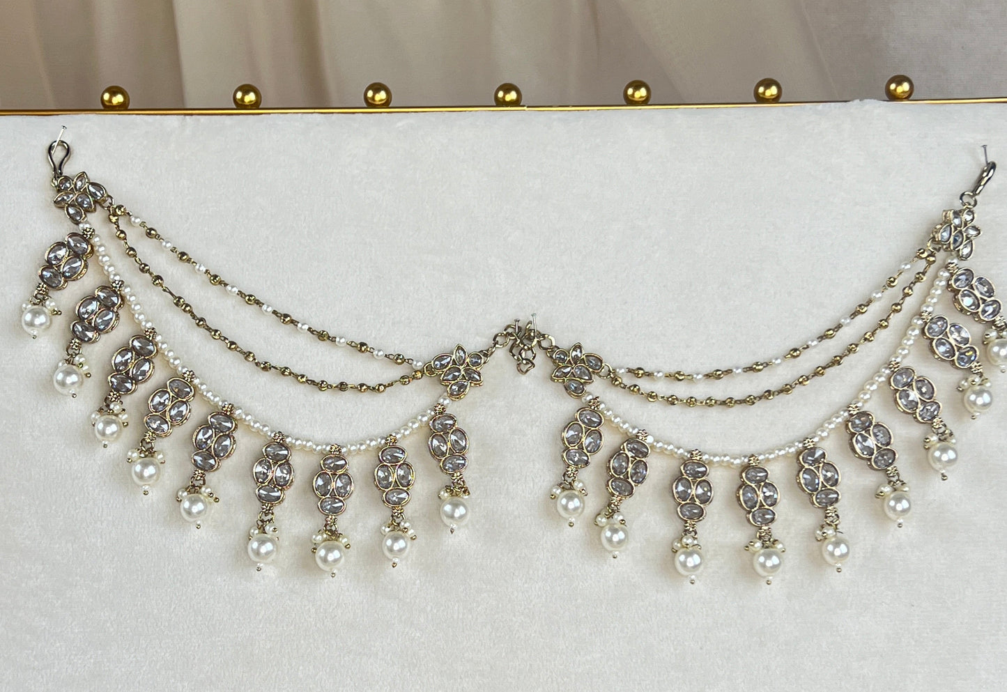 Layered Pearl Polki Bridal Attachable Ear Chains | Sahare | Earring Support