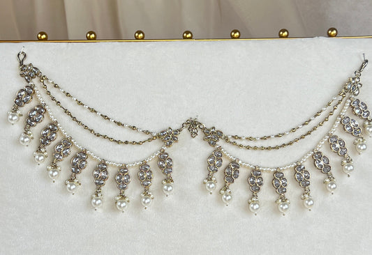 Layered Pearl Polki Bridal Attachable Ear Chains | Sahare | Earring Support