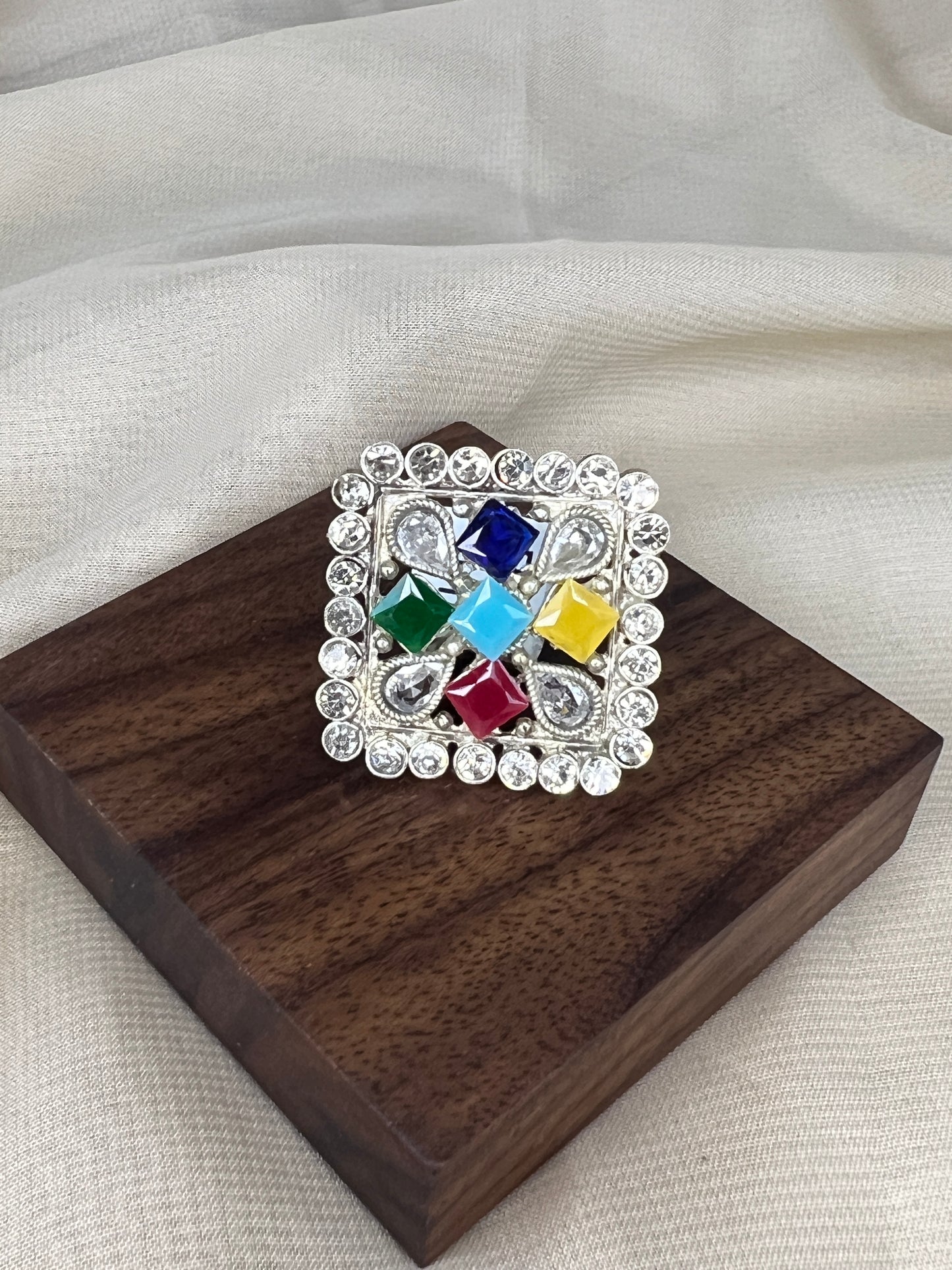 Silver Square Multicolor Ring