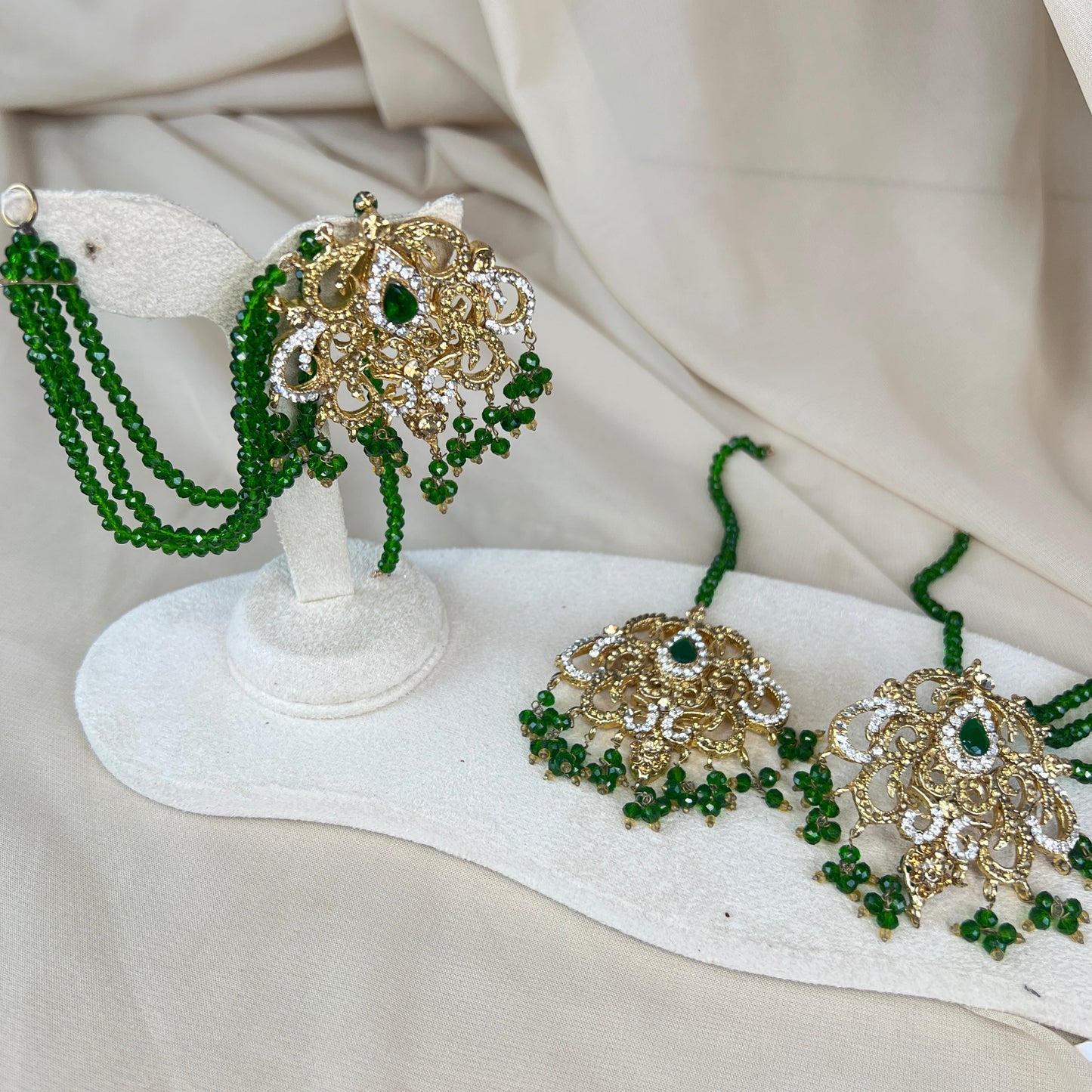 Pakistani Green & Gold Earring/Tikka set with earchain