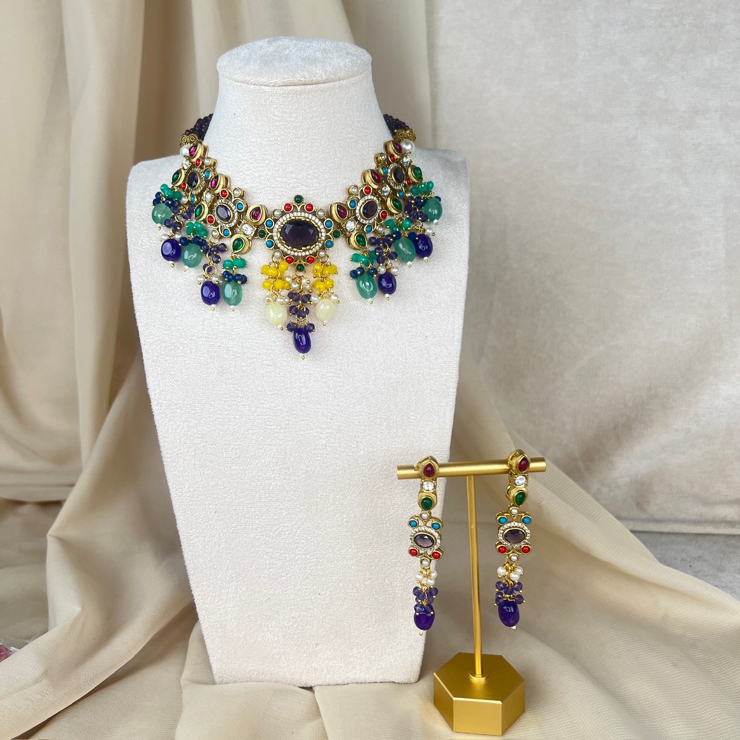 Victorian Kundan Multicolor Necklace Set w/Earrings