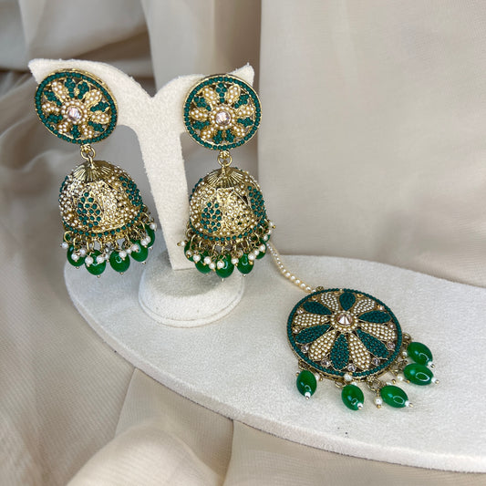 Nauratan Jhumka Oversized Earring and Tikka Set