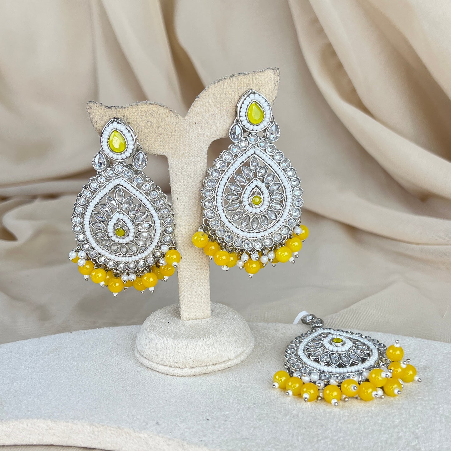 Silver Polki Earring and Tikka Set