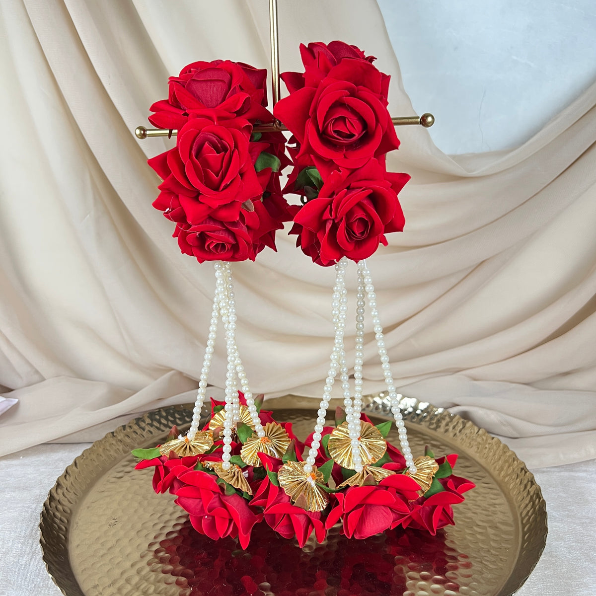 Hand Faux Rose | Baby Breath Gajra w/ Hanging Roses| Bangle Pair