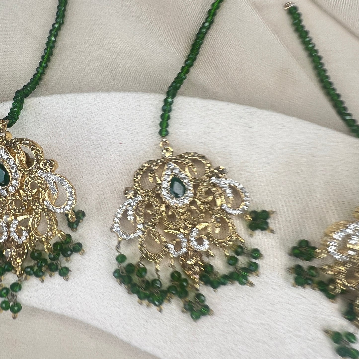 Pakistani Green & Gold Earring/Tikka set with earchain