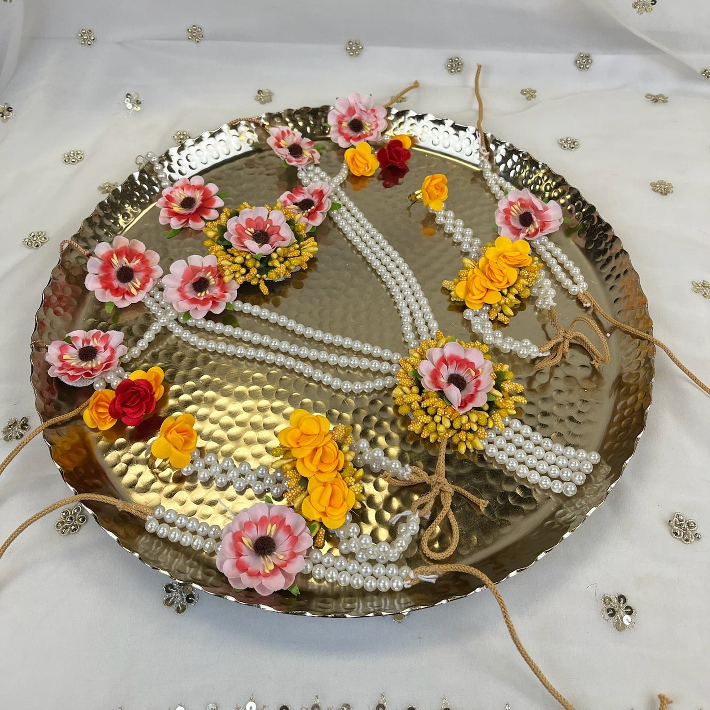Yellow and Pink Pearl Floral Necklace Set