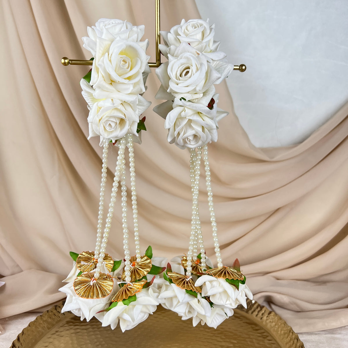 Hand Faux Rose | Baby Breath Gajra w/ Hanging Roses| Bangle Pair