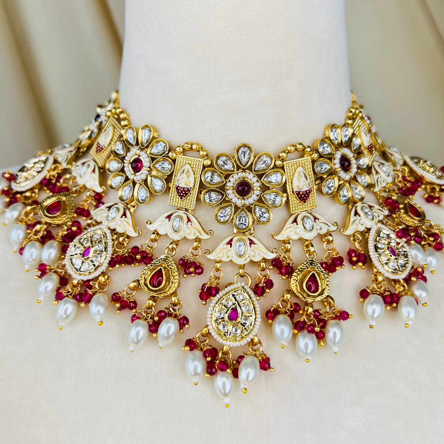 Gold & Red Kundan Semi Bridal Necklace Set