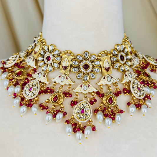 Gold & Red Kundan Semi Bridal Necklace Set