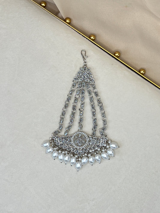 Silver Pearl Side Tikka Headpiece | Jhoomar | Japta | Passa