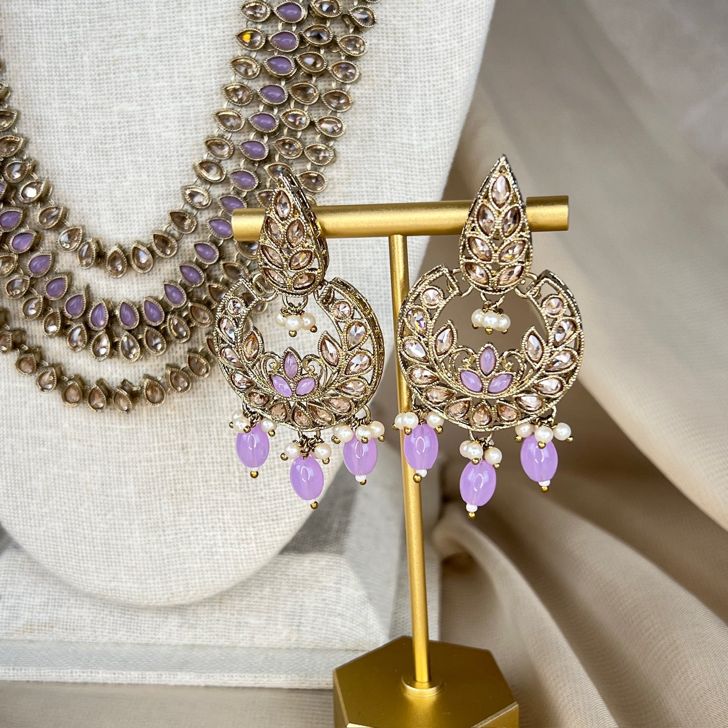 Polki Lavender Long Necklace Set | Mala | Haar