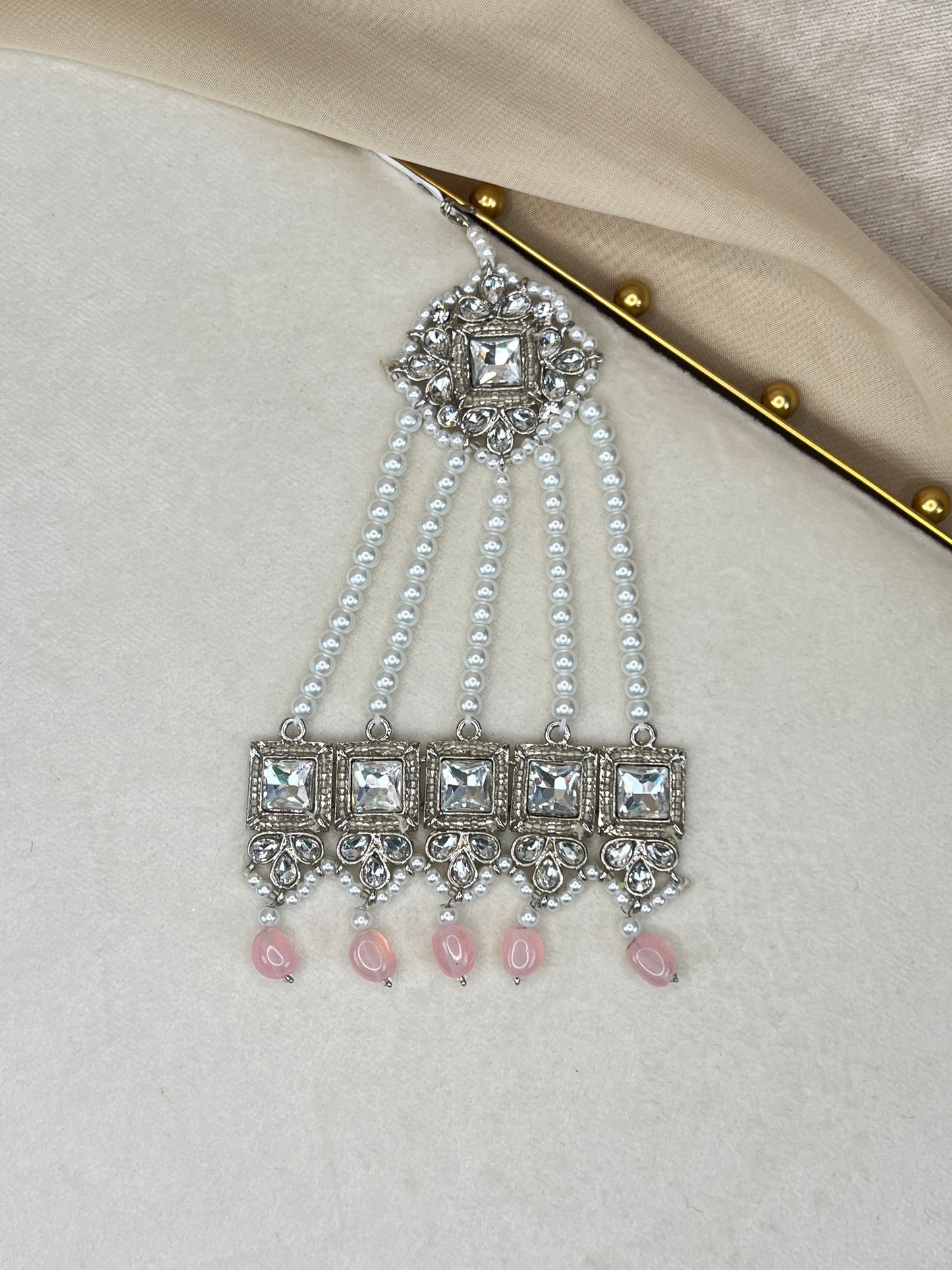 Silver Pink Side Tikka Headpiece | Jhoomar | Japta | Passa