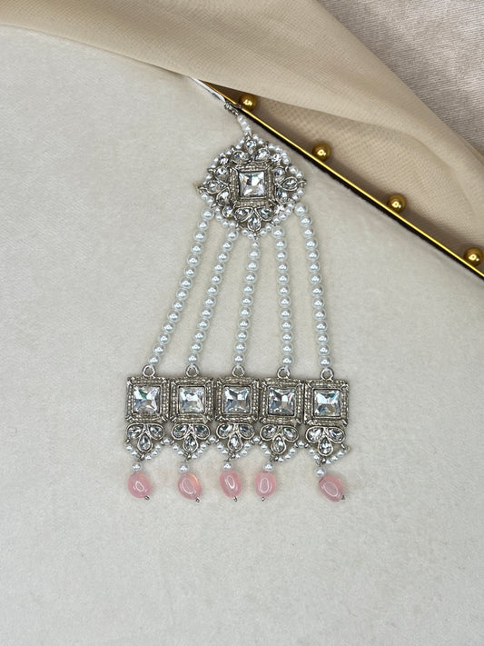 Silver Pink Side Tikka Headpiece | Jhoomar | Japta | Passa