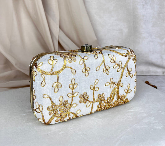 White and Gold Mini Embroided Clutch