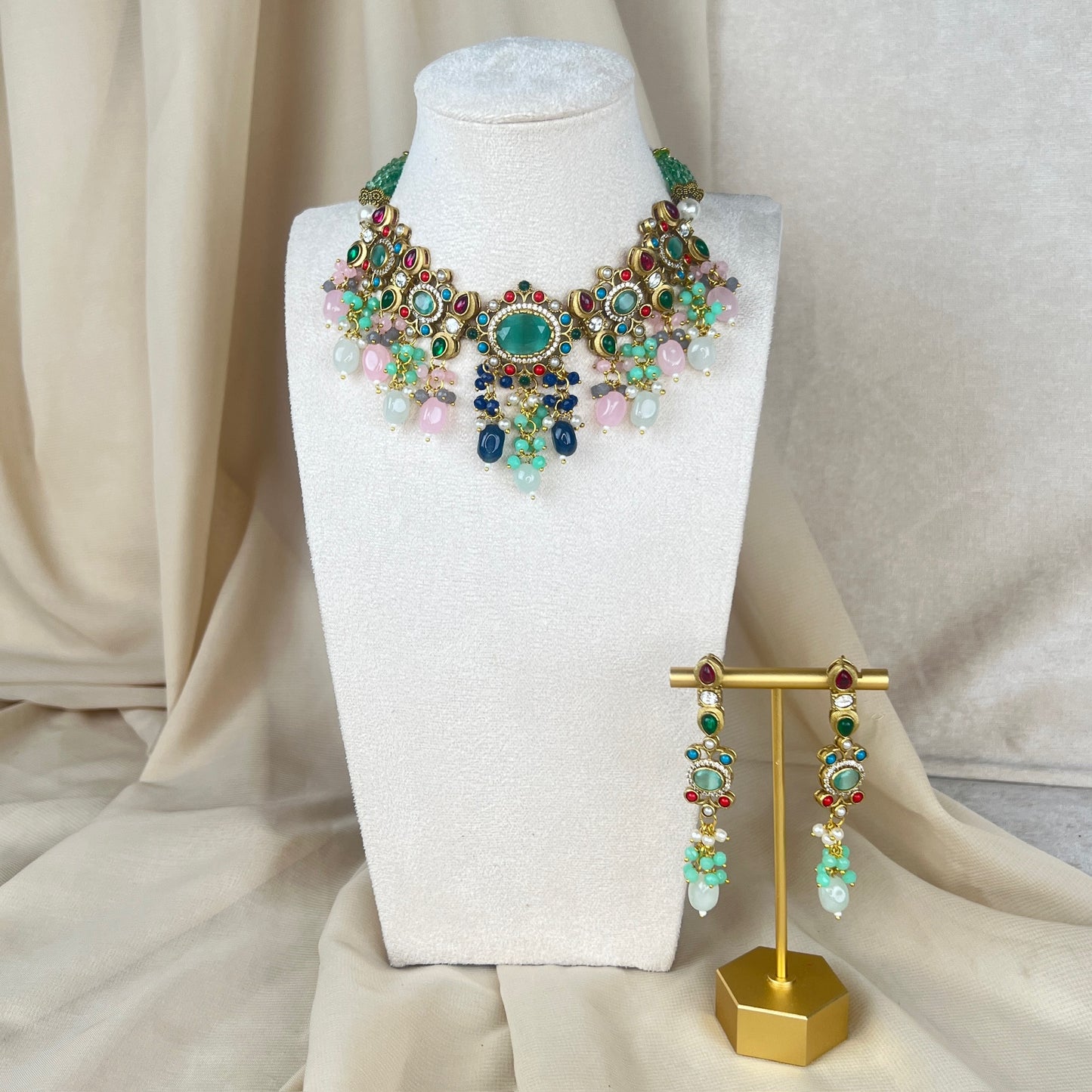 Victorian Kundan Multicolor Necklace Set w/Earrings