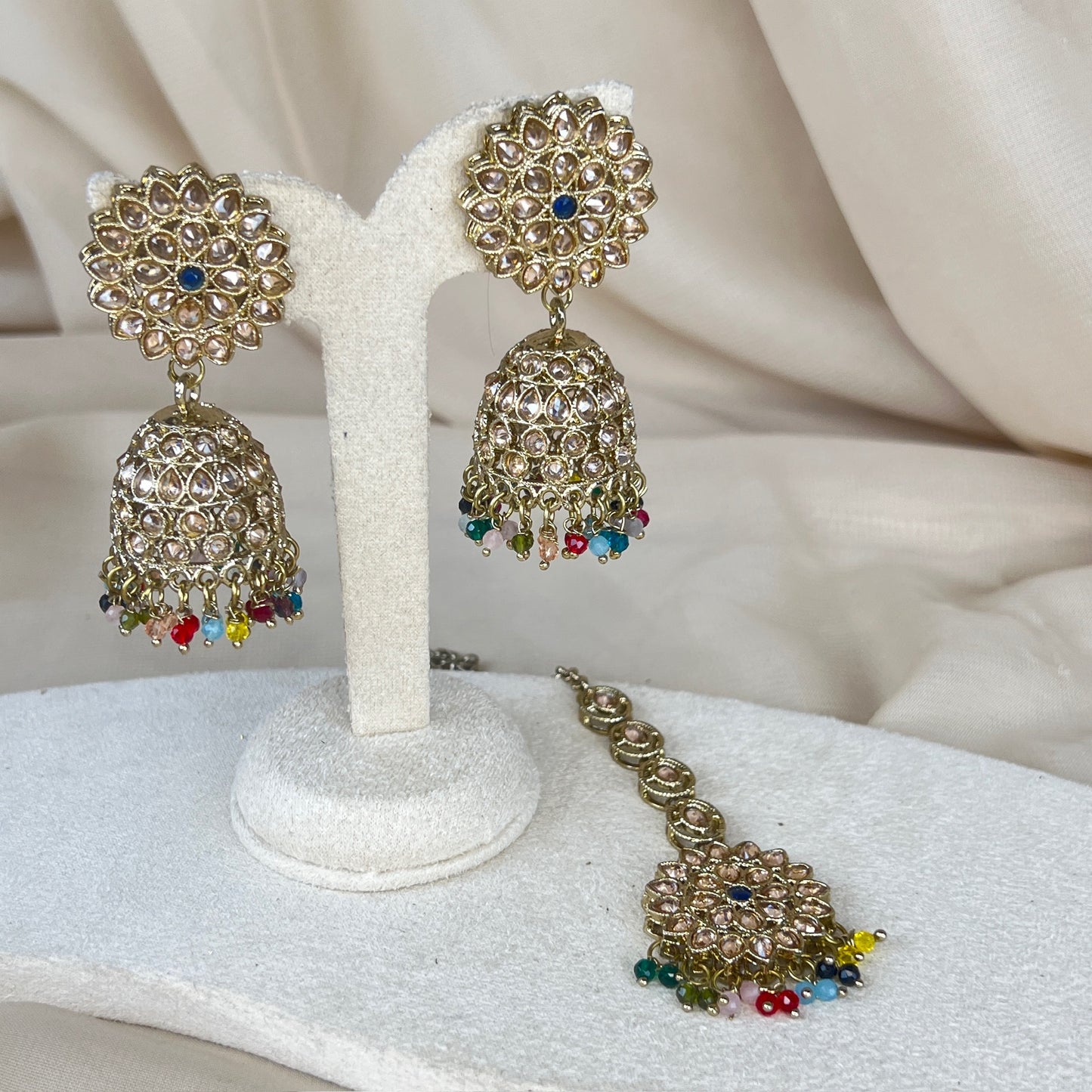 Gold Jhumka Earring & Tikka Set