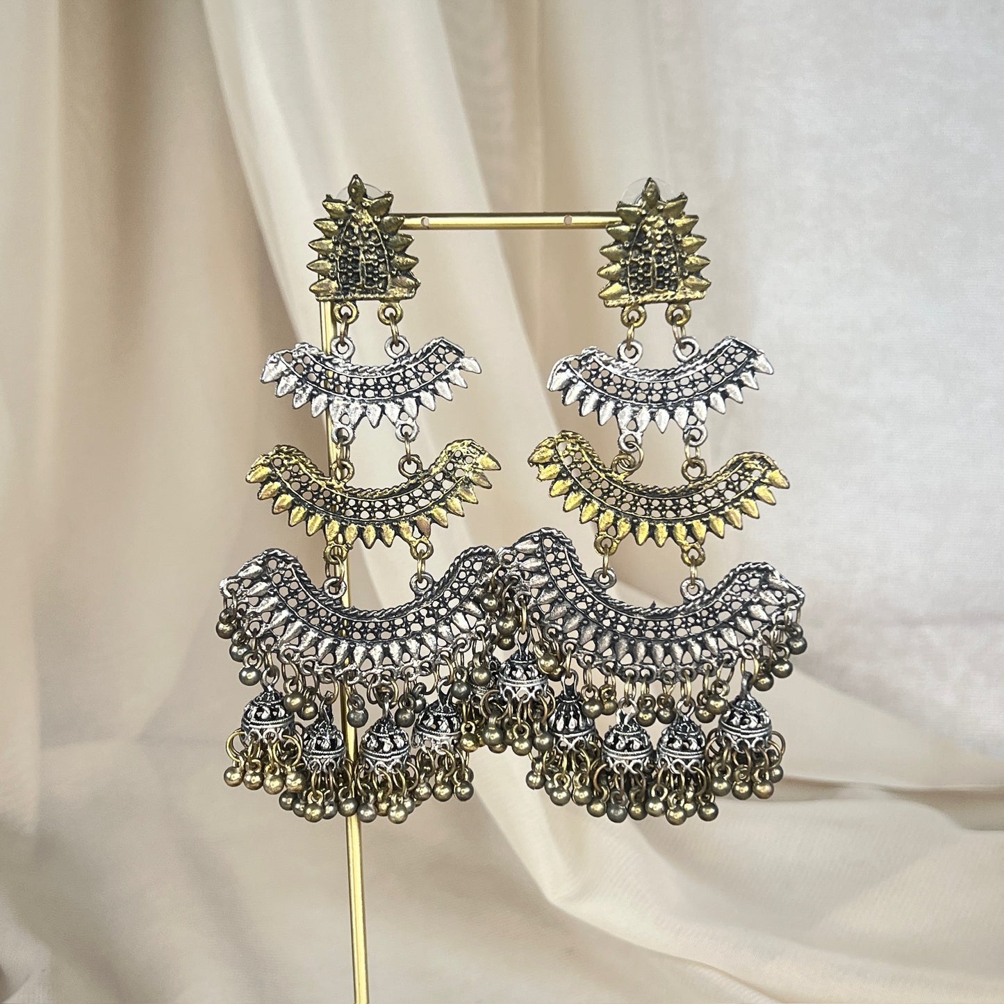Statement Oxidized Two Stone Jhumka Earring