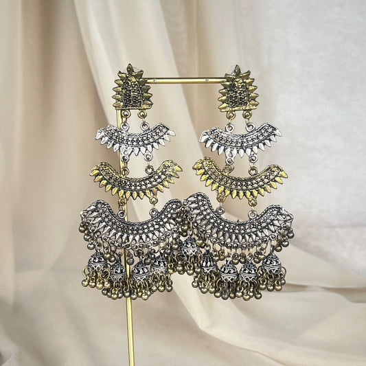 Statement Oxidized Two Stone Jhumka Earring