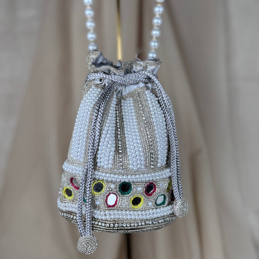 Multicolor Beaded Mirrow Pearl Potli | Purse
