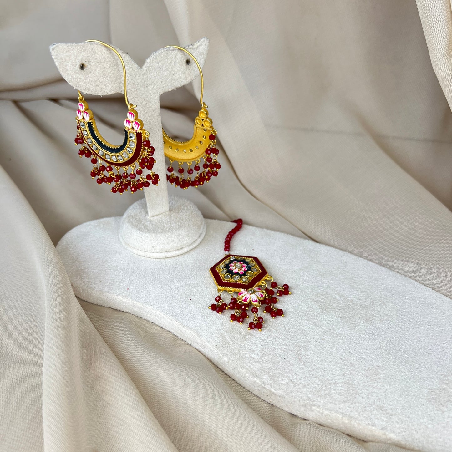 Meena Kari Hoop Earring and Tikka Set