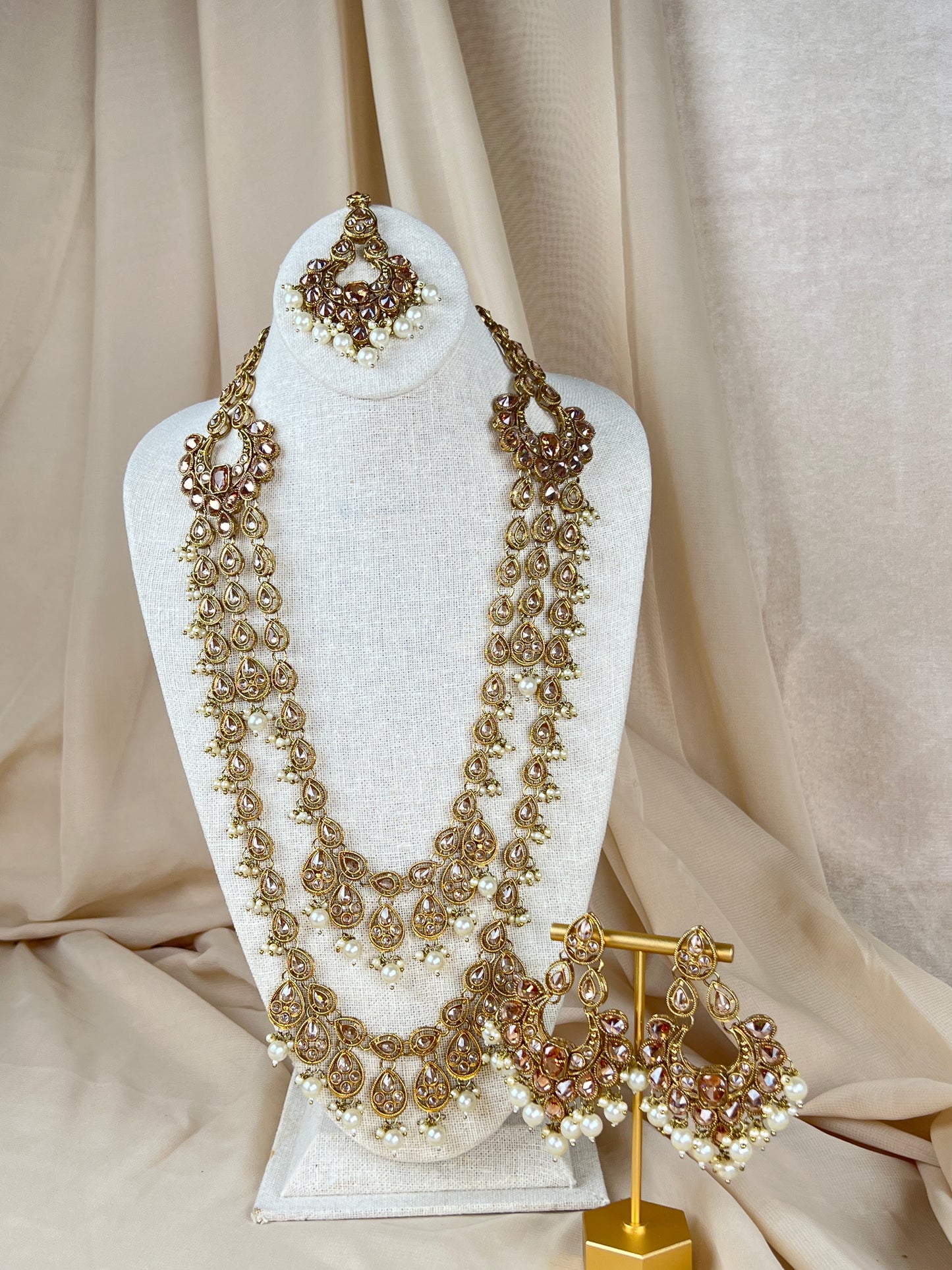 Long Pearl Polki Mala | Tiered Necklace Set