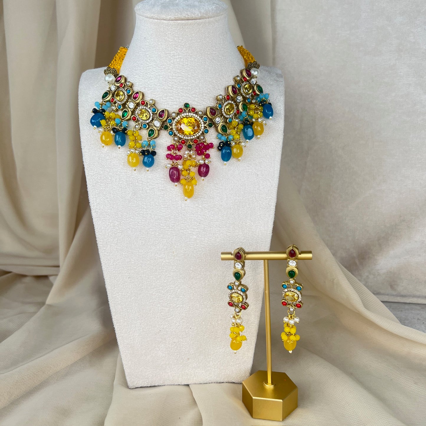 Victorian Kundan Multicolor Necklace Set w/Earrings