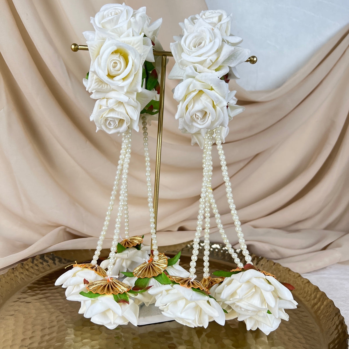 Hand Faux Rose | Baby Breath Gajra w/ Hanging Roses| Bangle Pair