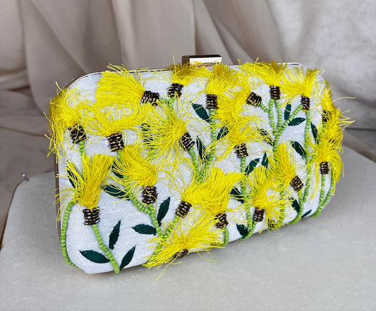 Yellow & White Floral Embroidered Clutch