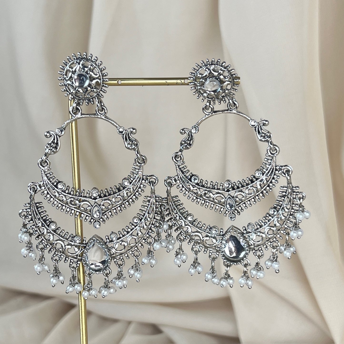 Oversized Silver Kundan Earrings