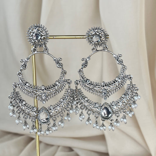 Oversized Silver Kundan Earrings