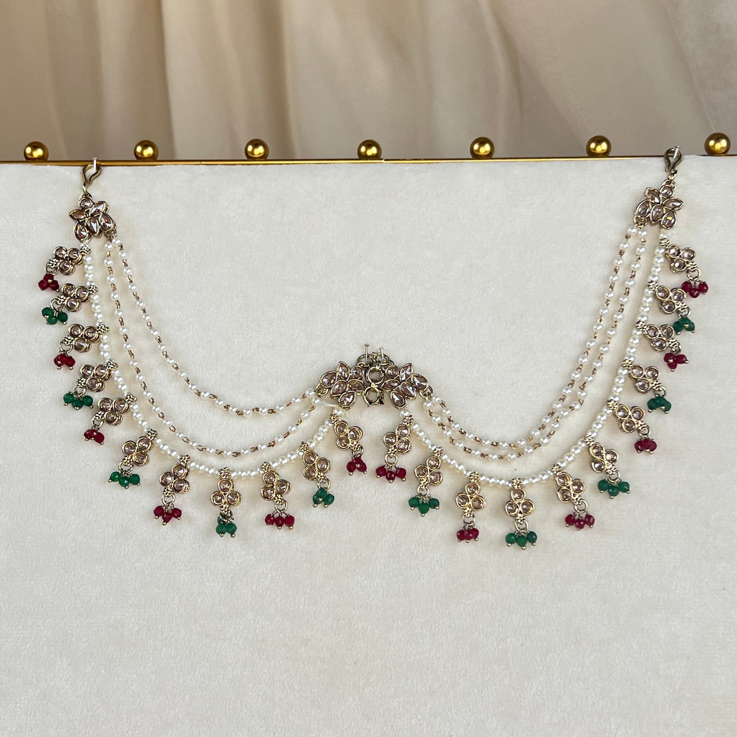 Layered Pearl Polki Bridal Attachable Ear Chains | Sahare | Earring Support