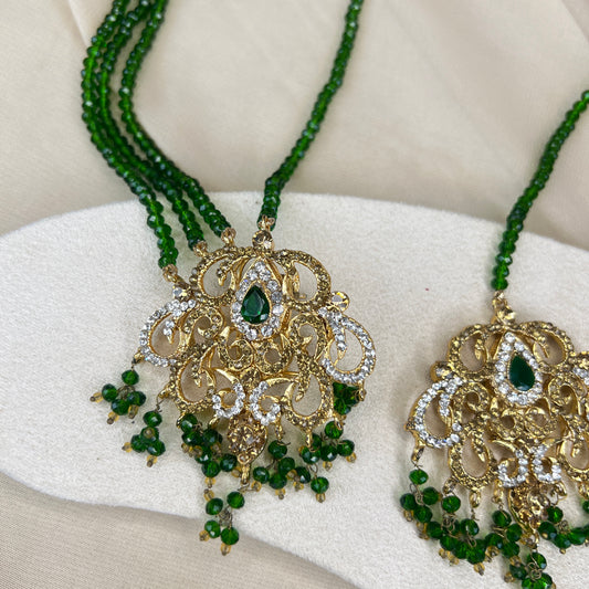 Pakistani Green & Gold Earring/Tikka set with earchain