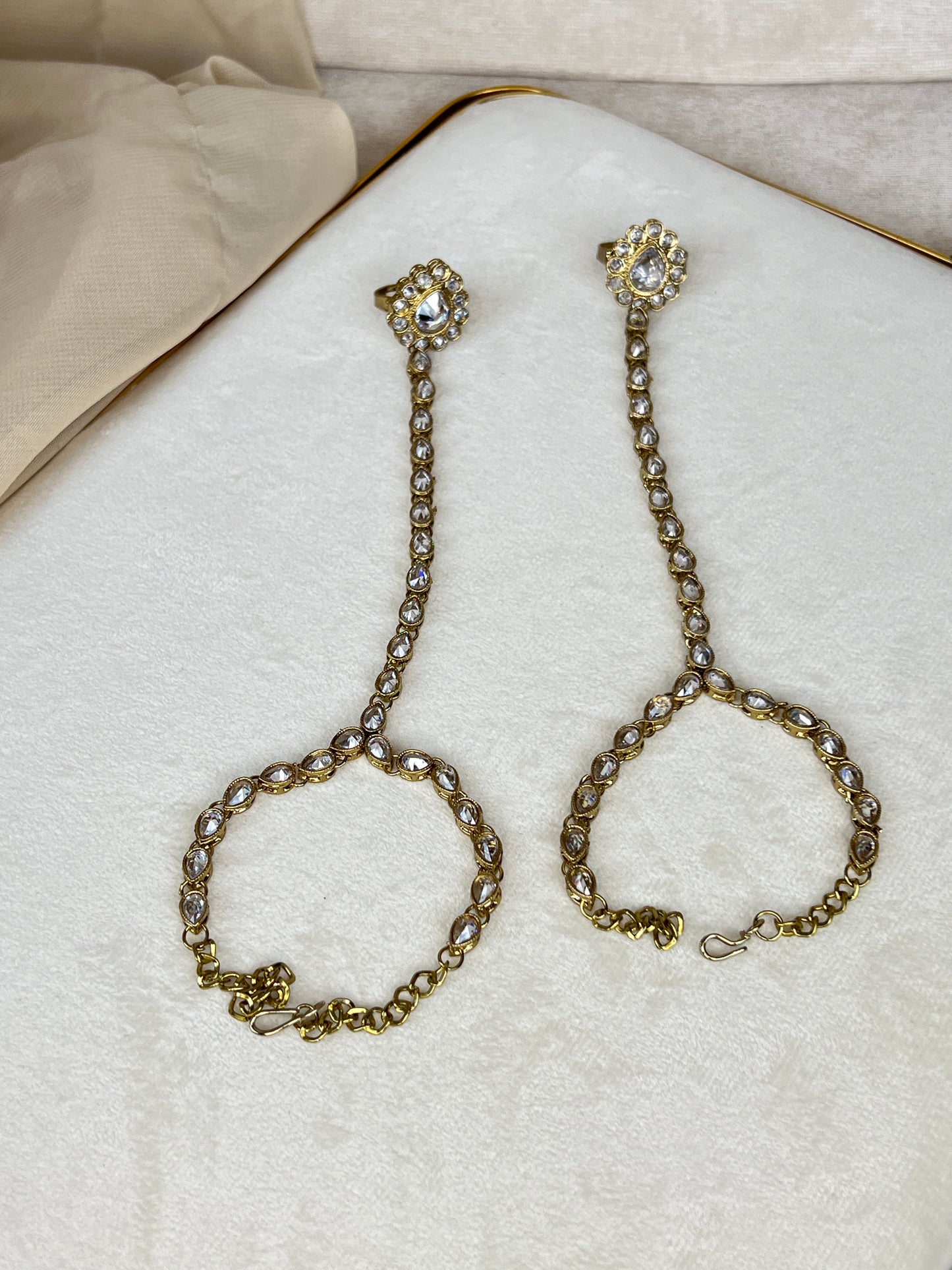 Simple Polki Hand Harness Ring Bracelet | Hath Panja | Pair