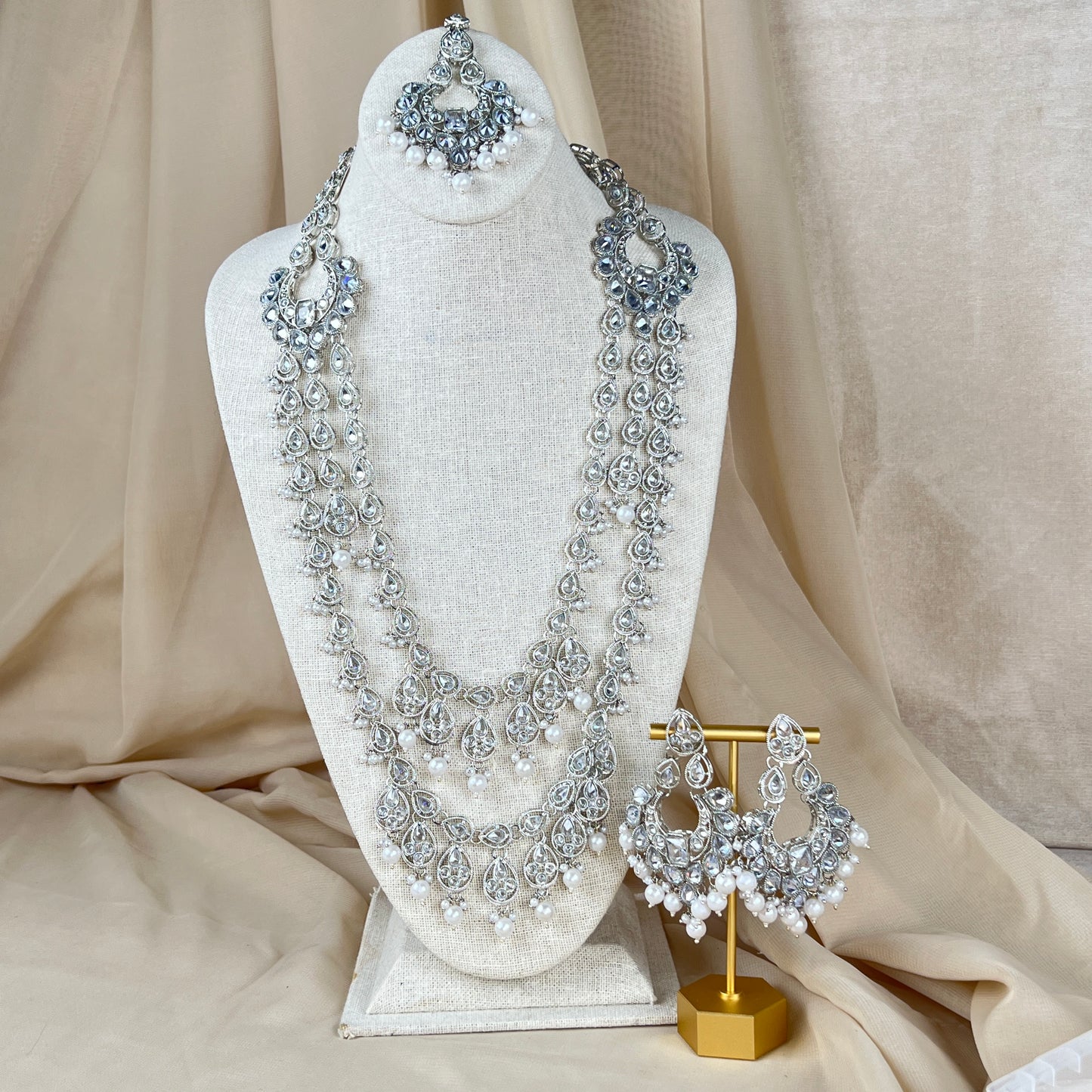 Long Pearl Polki Mala | Tiered Necklace Set