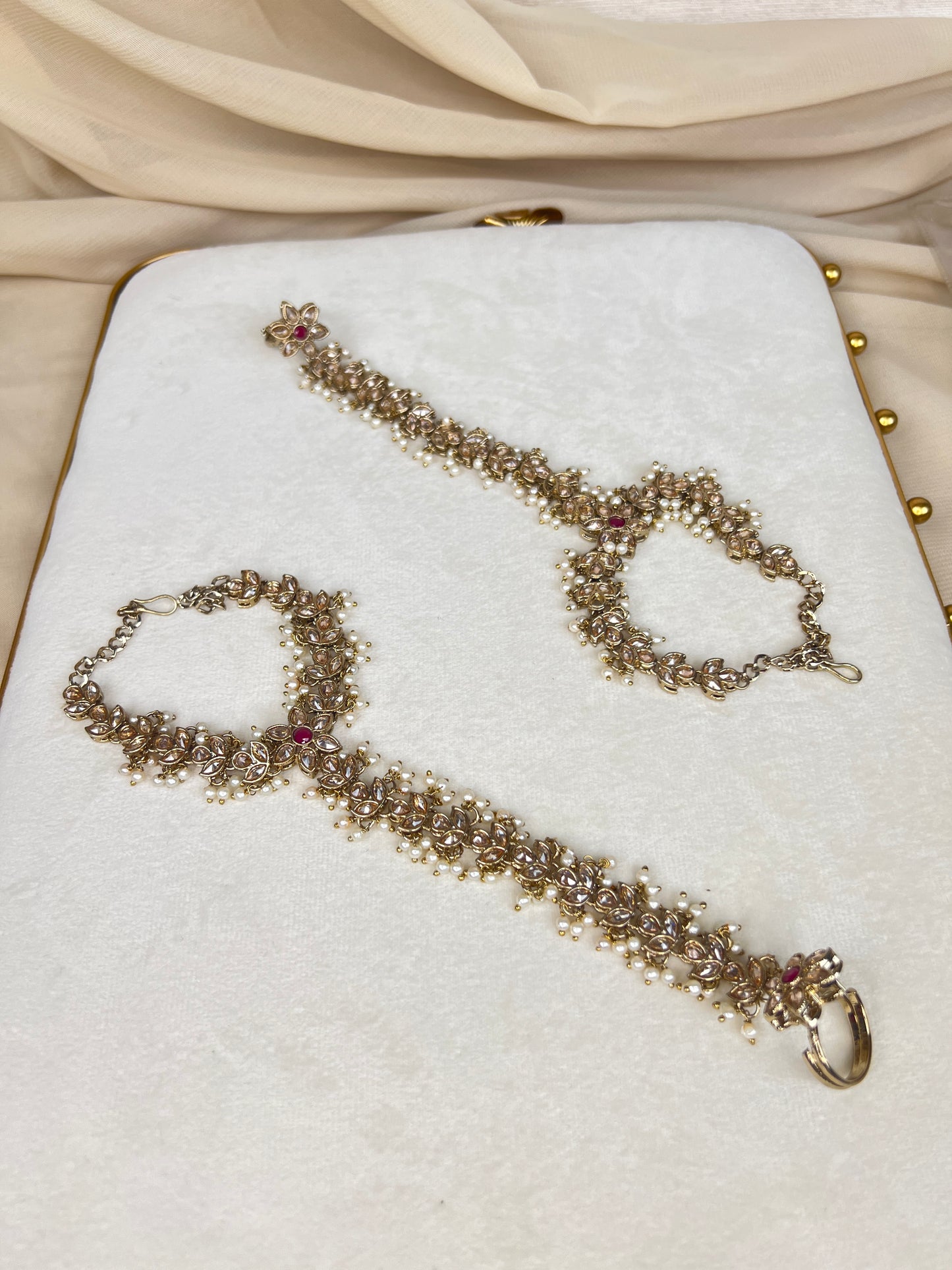 Polki Pearl Ring Hand Bracelet Pair
