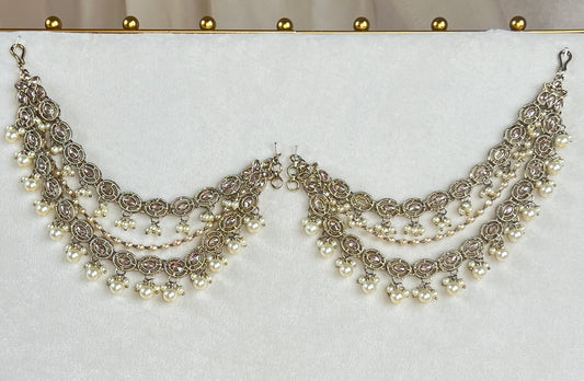 Bridal Polki Pearl Attachable Ear Chains | Sahare | Earring Support