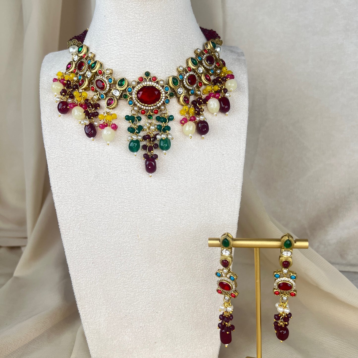 Victorian Kundan Multicolor Necklace Set w/Earrings