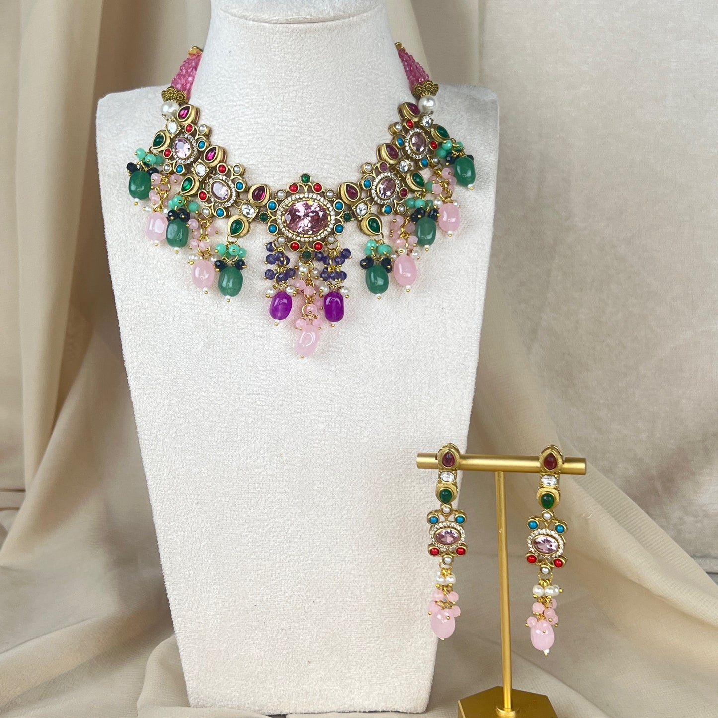 Victorian Kundan Multicolor Necklace Set w/Earrings