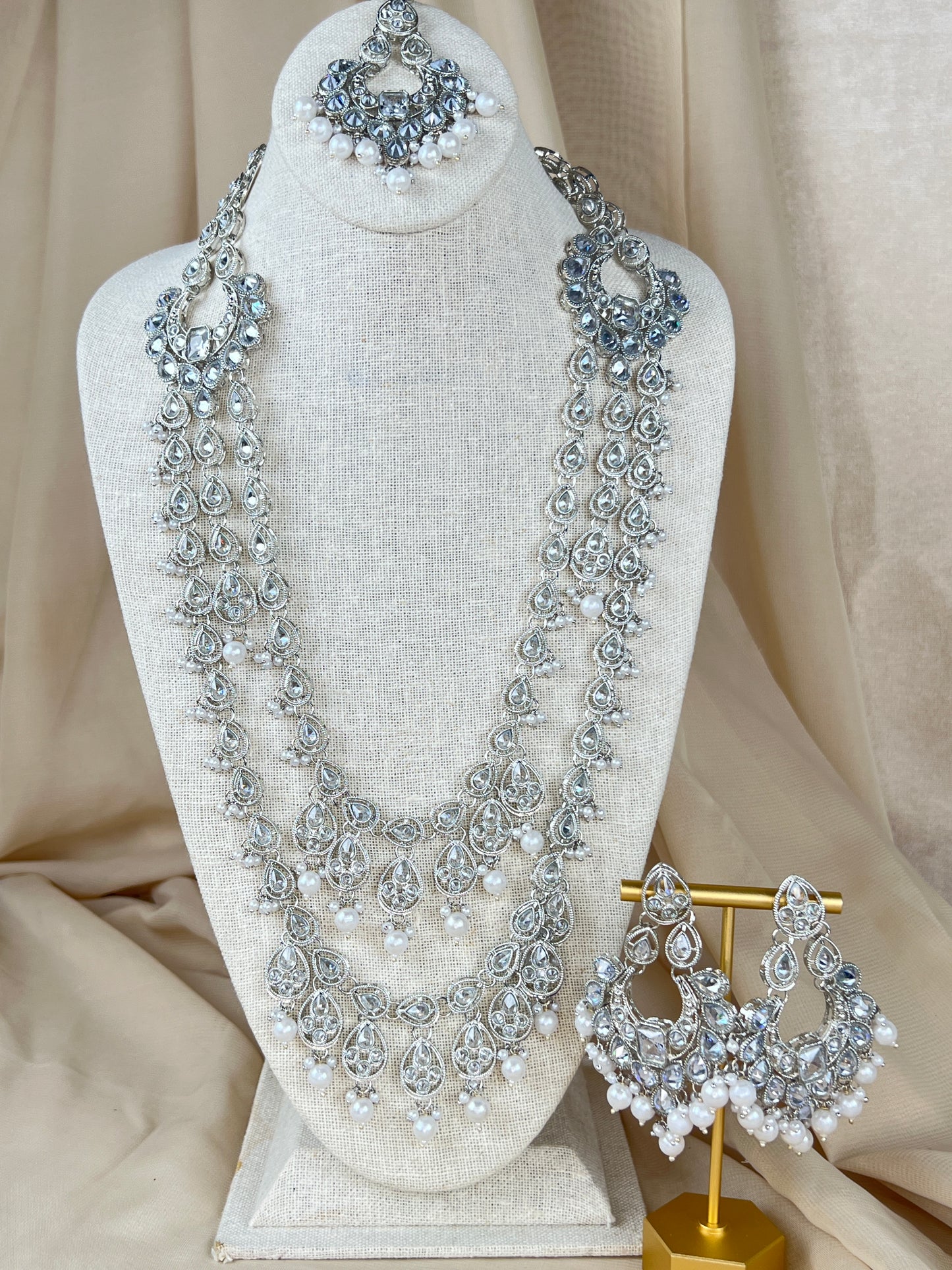 Long Pearl Polki Mala | Tiered Necklace Set
