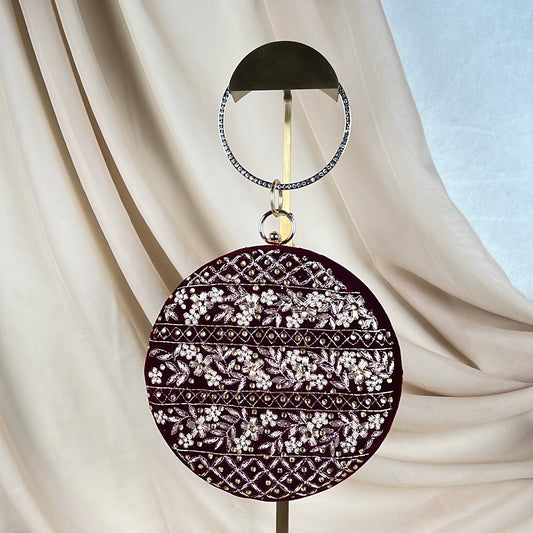 Round Embrodiered Clutch with Bangle handle