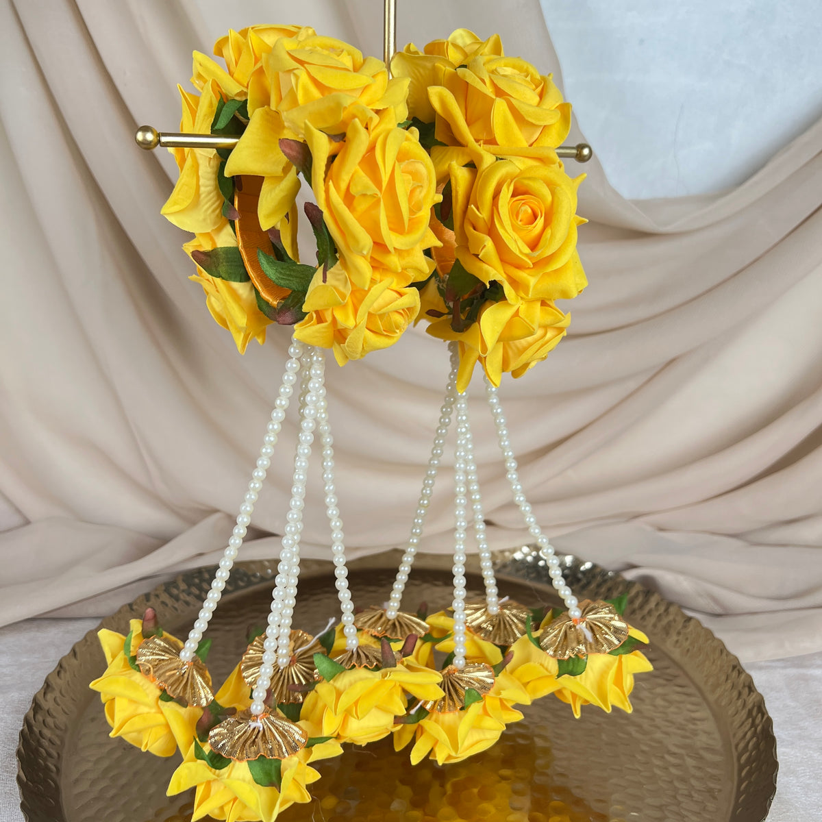 Hand Faux Rose | Baby Breath Gajra w/ Hanging Roses| Bangle Pair